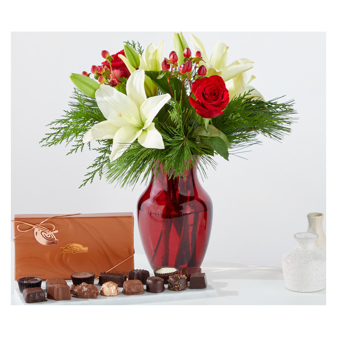 Evergreen Delight Bouquet and Chocolate Gift Set flower arrangement